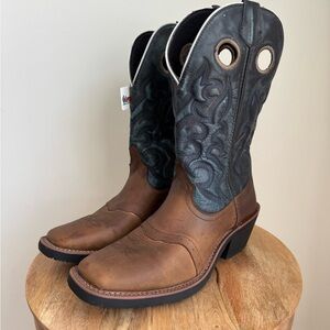 Laredo Square Toe Tan & Distressed Blue Denim Color Boots 62037 Men's 12 D NEW!